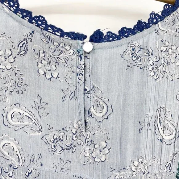 Angie Blue and Green Parsley Print w Balloon Sleeves & Lace detail S - Picture 10 of 10